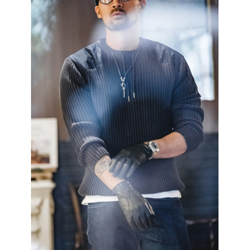 馬登工裝 美式復古竪條紋拼接毛衣圓領修身硬漢風戰術針織衫男秋 馬登工裝 美式復古竪條紋拼接毛衣圓領修身硬漢風戰術針織衫男秋