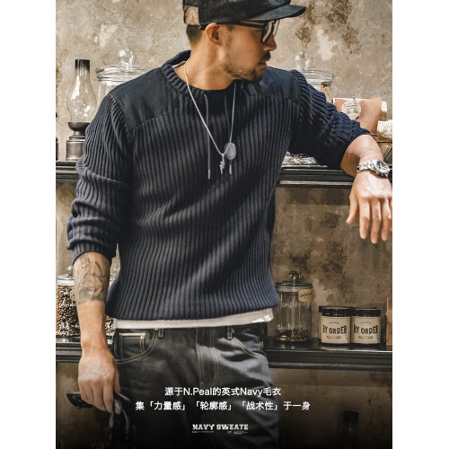 馬登工裝 美式復古竪條紋拼接毛衣圓領修身硬漢風戰術針織衫男秋 馬登工裝 美式復古竪條紋拼接毛衣圓領修身硬漢風戰術針織衫男秋