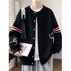 秋冬季針織開衫男款學院風寬松休閒厚款毛衣潮牌學生條紋拼接外套