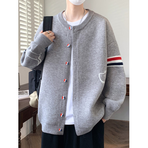 秋冬季針織開衫男款學院風寬松休閒厚款毛衣潮牌學生條紋拼接外套