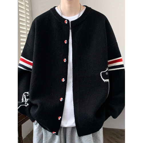 秋冬季針織開衫男款學院風寬松休閒厚款毛衣潮牌學生條紋拼接外套