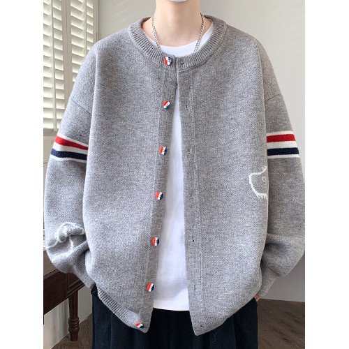 秋冬季針織開衫男款學院風寬松休閒厚款毛衣潮牌學生條紋拼接外套