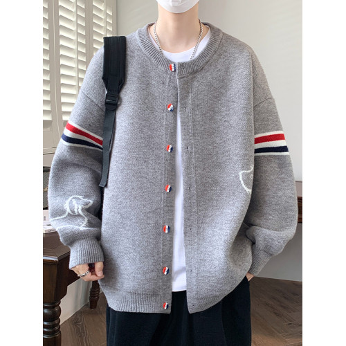 秋冬季針織開衫男款學院風寬松休閒厚款毛衣潮牌學生條紋拼接外套