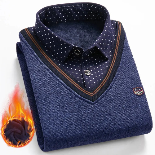 假兩件毛衣男襯衫領針織衫秋裝上衣2025冬季中老年加絨保暖打底衫 假兩件毛衣男襯衫領針織衫秋裝上衣2025冬季中老年加絨保暖打底衫