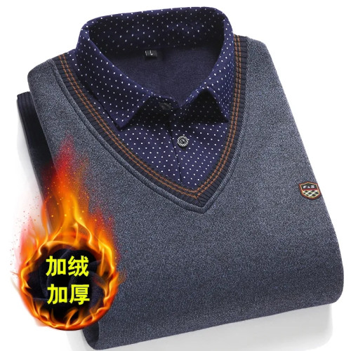 假兩件毛衣男襯衫領針織衫秋裝上衣2025冬季中老年加絨保暖打底衫 假兩件毛衣男襯衫領針織衫秋裝上衣2025冬季中老年加絨保暖打底衫