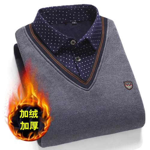 假兩件毛衣男襯衫領針織衫秋裝上衣2025冬季中老年加絨保暖打底衫 假兩件毛衣男襯衫領針織衫秋裝上衣2025冬季中老年加絨保暖打底衫