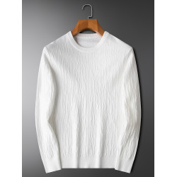 2025新款純色提花針織毛衣男秋冬季修身休閒圓領米白色長袖打底衫