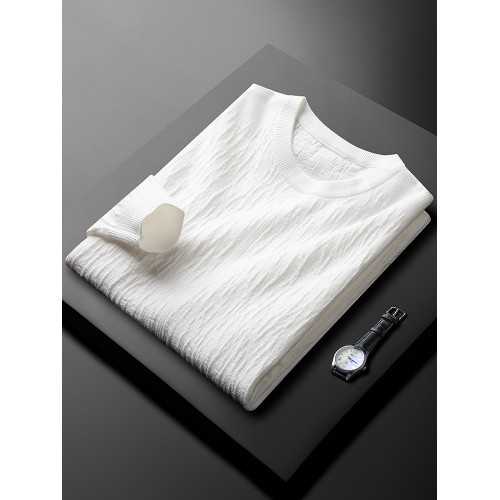 2025新款純色提花針織毛衣男秋冬季修身休閒圓領米白色長袖打底衫 2025新款純色提花針織毛衣男秋冬季修身休閒圓領米白色長袖打底衫