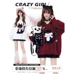 crazygirl【慵嬾小貓】原創蝴蝶結軟糯秋冬新年紅寬鬆內搭毛衣