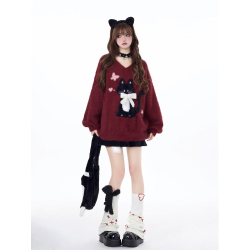 crazygirl【慵嬾小貓】原創蝴蝶結軟糯秋冬新年紅寬鬆內搭毛衣