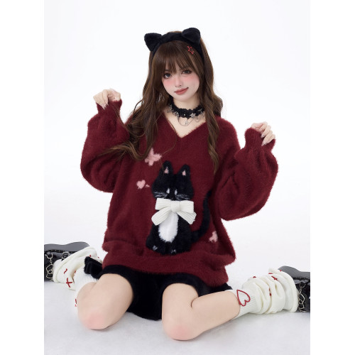 crazygirl【慵嬾小貓】原創蝴蝶結軟糯秋冬新年紅寬鬆內搭毛衣