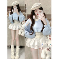 2024秋冬新款甜辣風小衆設計感毛衣兩件套短款小個子減齡針織套裝