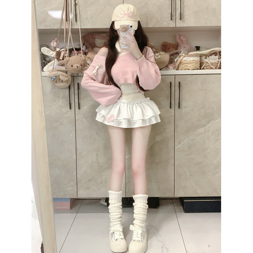 2024秋冬新款甜辣風小衆設計感毛衣兩件套短款小個子減齡針織套裝