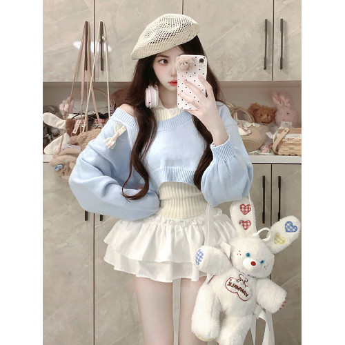 2024秋冬新款甜辣風小衆設計感毛衣兩件套短款小個子減齡針織套裝