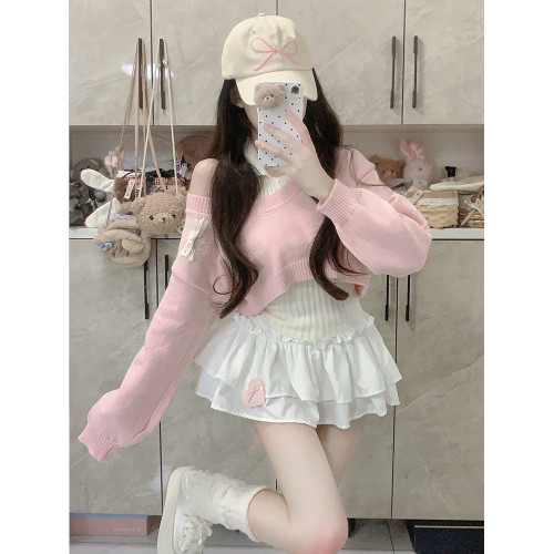 2024秋冬新款甜辣風小衆設計感毛衣兩件套短款小個子減齡針織套裝