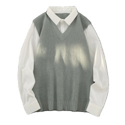 日系假兩件長袖襯衫男春秋季潮流內搭針織毛衣美式寬松學院風襯衣