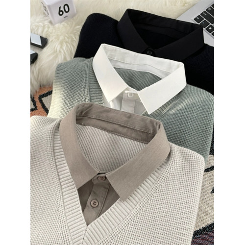 日系假兩件長袖襯衫男春秋季潮流內搭針織毛衣美式寬松學院風襯衣 日系假兩件長袖襯衫男春秋季潮流內搭針織毛衣美式寬松學院風襯衣