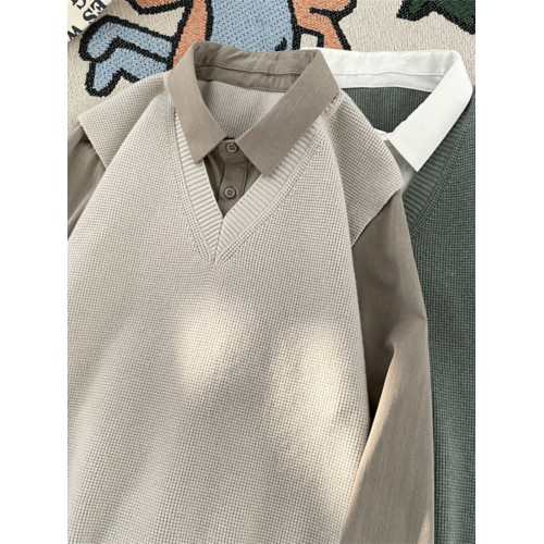 日系假兩件長袖襯衫男春秋季潮流內搭針織毛衣美式寬松學院風襯衣 日系假兩件長袖襯衫男春秋季潮流內搭針織毛衣美式寬松學院風襯衣