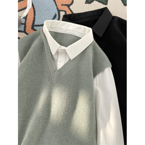 日系假兩件長袖襯衫男春秋季潮流內搭針織毛衣美式寬松學院風襯衣 日系假兩件長袖襯衫男春秋季潮流內搭針織毛衣美式寬松學院風襯衣