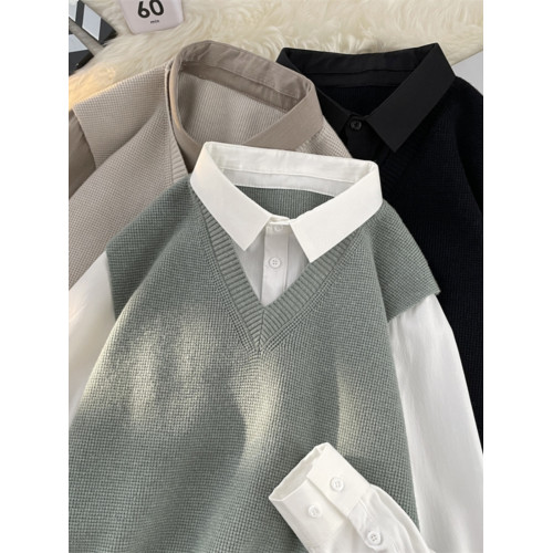 日系假兩件長袖襯衫男春秋季潮流內搭針織毛衣美式寬松學院風襯衣 日系假兩件長袖襯衫男春秋季潮流內搭針織毛衣美式寬松學院風襯衣