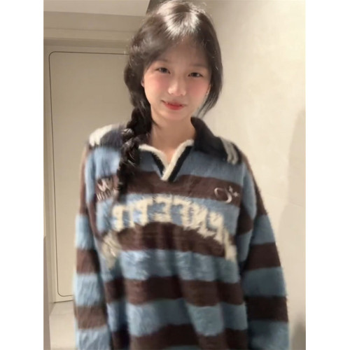 美式高街設計感條紋字母polo領長袖毛衣女春秋寬松甜酷風別致上衣