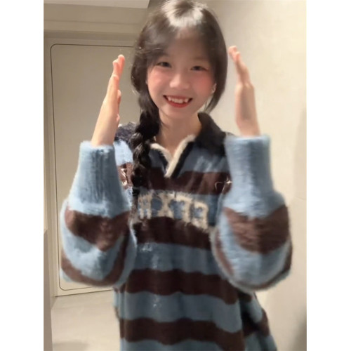 美式高街設計感條紋字母polo領長袖毛衣女春秋寬松甜酷風別致上衣
