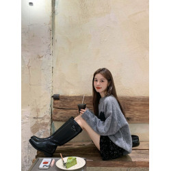 PPHOME灰色玫瑰刺綉毛衣女秋冬高級感圓領寬松針織衫休閒長袖上衣