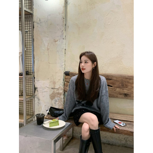 PPHOME灰色玫瑰刺綉毛衣女秋冬高級感圓領寬松針織衫休閒長袖上衣