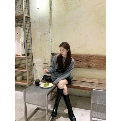 PPHOME灰色玫瑰刺綉毛衣女秋冬高級感圓領寬松針織衫休閒長袖上衣