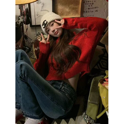 短款紅色毛衣女秋冬2025新款網紅爆款慵懶風寬松套頭漂亮麻花上衣 短款紅色毛衣女秋冬2025新款網紅爆款慵懶風寬松套頭漂亮麻花上衣