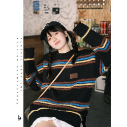 氛圍感復古彩色撞色條紋毛衣女慵懶風軟糯寬松拼色針織衫甜酷上衣