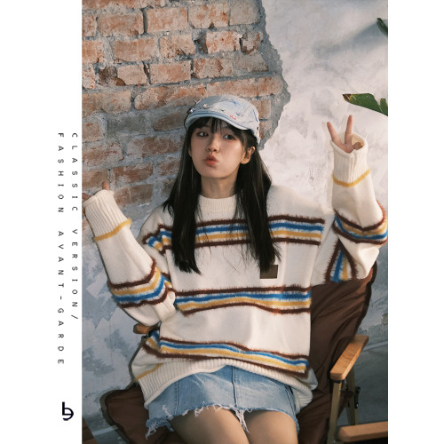 氛圍感復古彩色撞色條紋毛衣女慵懶風軟糯寬松拼色針織衫甜酷上衣 氛圍感復古彩色撞色條紋毛衣女慵懶風軟糯寬松拼色針織衫甜酷上衣