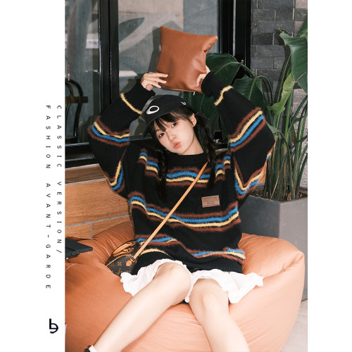 氛圍感復古彩色撞色條紋毛衣女慵懶風軟糯寬松拼色針織衫甜酷上衣 氛圍感復古彩色撞色條紋毛衣女慵懶風軟糯寬松拼色針織衫甜酷上衣