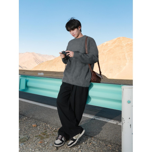 @港仔文藝男 日系仿馬海毛毛衣男秋冬新款冬季男生圓領針織衫上衣