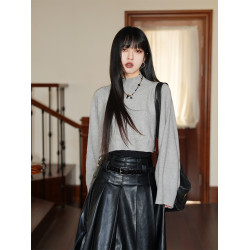 呆毛 復古灰色半高領鬭篷毛衣女秋冬季內搭針織打底衫罩衫兩件套