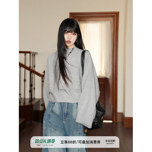 呆毛 復古灰色半高領鬭篷毛衣女秋冬季內搭針織打底衫罩衫兩件套 呆毛 復古灰色半高領鬭篷毛衣女秋冬季內搭針織打底衫罩衫兩件套