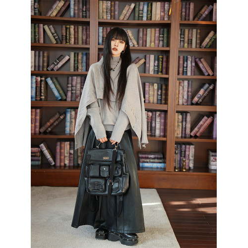 呆毛 復古灰色半高領鬭篷毛衣女秋冬季內搭針織打底衫罩衫兩件套 呆毛 復古灰色半高領鬭篷毛衣女秋冬季內搭針織打底衫罩衫兩件套