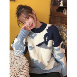 2025秋冬季新款慵懶風寬松套頭軟奶藍天白雲針織衫加厚毛衣女外穿