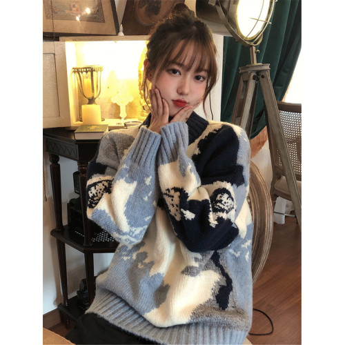 2025秋冬季新款慵懶風寬松套頭軟奶藍天白雲針織衫加厚毛衣女外穿 2025秋冬季新款慵懶風寬松套頭軟奶藍天白雲針織衫加厚毛衣女外穿