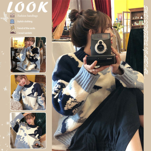 2025秋冬季新款慵懶風寬松套頭軟奶藍天白雲針織衫加厚毛衣女外穿 2025秋冬季新款慵懶風寬松套頭軟奶藍天白雲針織衫加厚毛衣女外穿