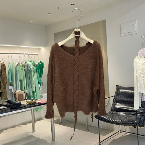 廣州APM冬季溫柔風一字肩套頭保暖毛衣配腰帶純色法式毛衫上衣女 廣州APM冬季溫柔風一字肩套頭保暖毛衣配腰帶純色法式毛衫上衣女