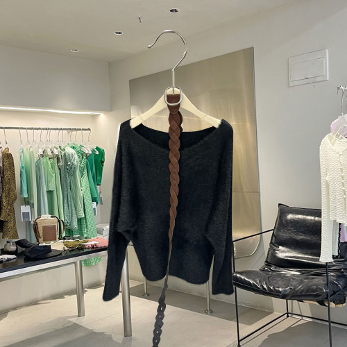 廣州APM冬季溫柔風一字肩套頭保暖毛衣配腰帶純色法式毛衫上衣女 廣州APM冬季溫柔風一字肩套頭保暖毛衣配腰帶純色法式毛衫上衣女