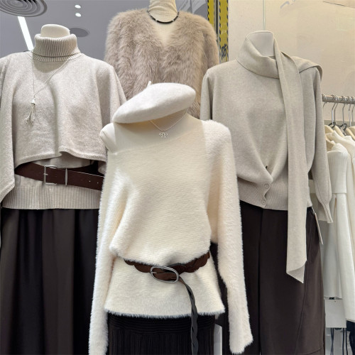 廣州APM冬季溫柔風一字肩套頭保暖毛衣配腰帶純色法式毛衫上衣女 廣州APM冬季溫柔風一字肩套頭保暖毛衣配腰帶純色法式毛衫上衣女