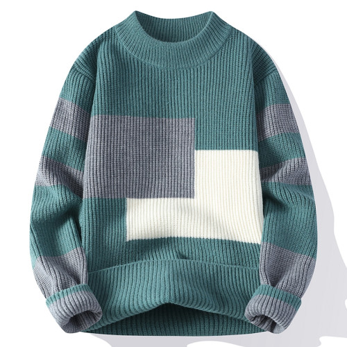 撞色毛衣男士冬季加厚潮牌針織衫寬松高級感慵懶時尚百搭保暖線衣