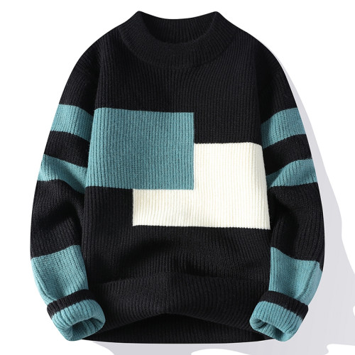 撞色毛衣男士冬季加厚潮牌針織衫寬松高級感慵懶時尚百搭保暖線衣
