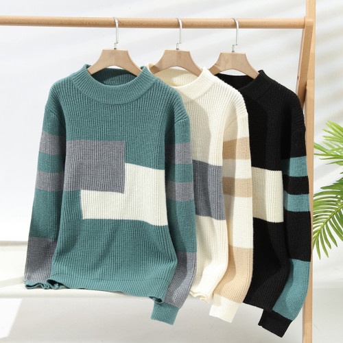 撞色毛衣男士冬季加厚潮牌針織衫寬松高級感慵懶時尚百搭保暖線衣