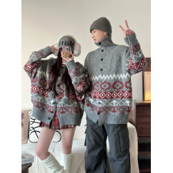 情侶裝秋冬裝慵懶風連帽開衫毛衣男ins超火聖誕新年針織衫外套女