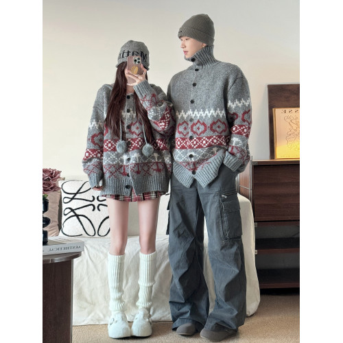 情侶裝秋冬裝慵懶風連帽開衫毛衣男ins超火聖誕新年針織衫外套女