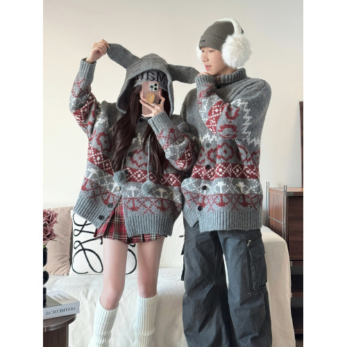 情侶裝秋冬裝慵懶風連帽開衫毛衣男ins超火聖誕新年針織衫外套女