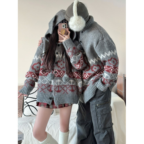 情侶裝秋冬裝慵懶風連帽開衫毛衣男ins超火聖誕新年針織衫外套女